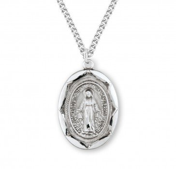 Sterling Silver Miraculous Medal in Oval Scalloped Border on 24" Ch-Bxd