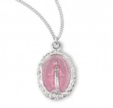 Sterling Silver Oval Pink Enameled Miraculous Medal
