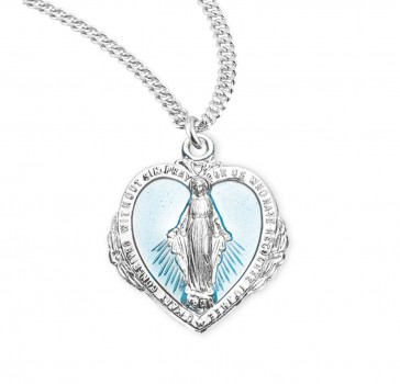 Sterling Silver Blue Enameled Heart Shaped Miraculous Medal