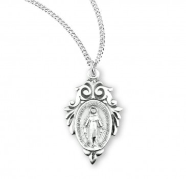 Sterling Silver Miraculous Medal with Fancy Leaf Swirled Top Border, 7/8" on 18" Ch-Bxd