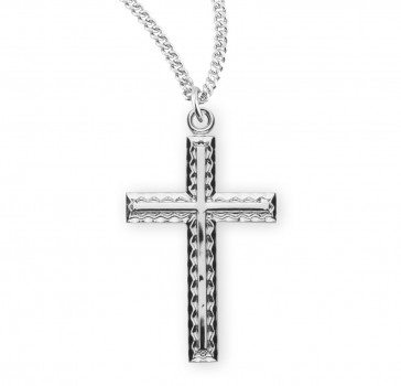 Sterling Silver Med. Fancy Etched Cross w/ Inlay - 18" Ch-Bxd