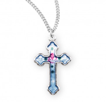 Sterling Silver BlueEnameled Budded Latin Style Cross w/Flower on a 13" Ch-Bxd