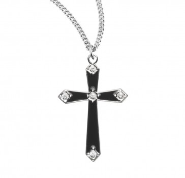 Sterling Silver Med. Black Enameled Cross w/Stones-18" Ch-Bxd