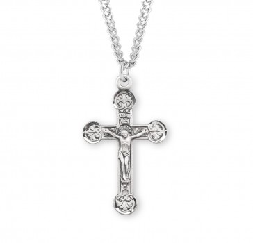 1-1/2' Sterling Silver Crucifix w/ Flourette Tips in Antique Satin Finish Hand Engraved on a 24" Ch-Bxd
