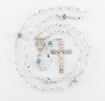 6mm  Finest Crystal (AB) Bead W/ 8MM Flower O.F. Bead Rosary W /Ster Cfx & Ctr Bxd 64/122
