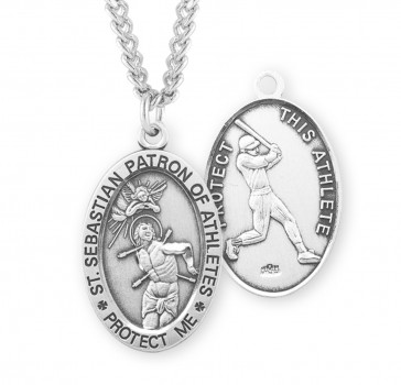 Sterling Silver Oval St Sebastian Baseball Medal-24" Ch-Bxd