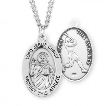 Sterling Silver Oval Lord Jesus Christ Male Baseball Medal w/24" endless Ch-Bxd