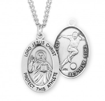 Sterling Silver Oval Lord Jesus Christ Male Soccer Medal w/24" endless Ch-Bxd