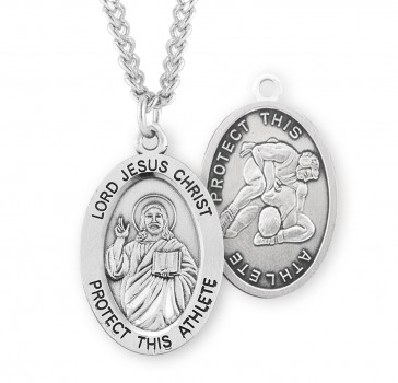 Sterling Silver Oval Lord Jesus Christ Male Wrestling Medal w/24" endless Ch-Bxd