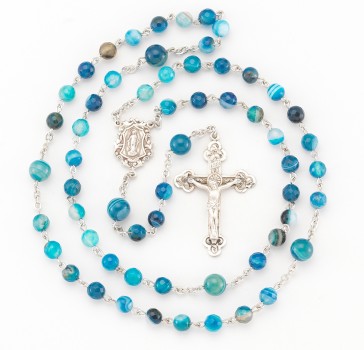 6mm Round Blue Agate Bead Sterling Silver Rosary with 8mm Blue Agate O.F Beads, Ctr & Cfx-(210/151)-Bxd