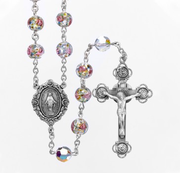 8mm Murano Flower Venetian Glass W/ 8mm Finest Crystal O.F. Beads Sterling Silver Rosary (212/161) Boxed