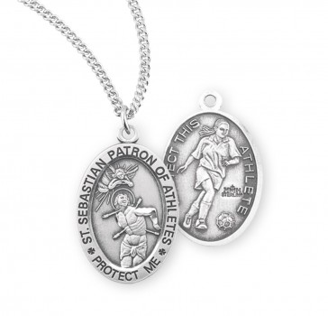 Sterling Silver Oval St. Sebastian Women's Soccer Medal 18" Ch-Bxd