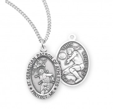 Sterling Silver Oval St. Sebastian Women's Volleyball Medal 18" Ch-Bxd