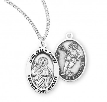 Sterling Silver Oval Lord Jesus Christ Female Lacrosse Medal w/18" Ch-Bxd