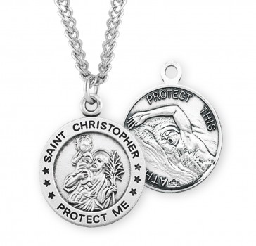 Saint Christopher Round Sterling Silver Swimming Male Athlete Medal 