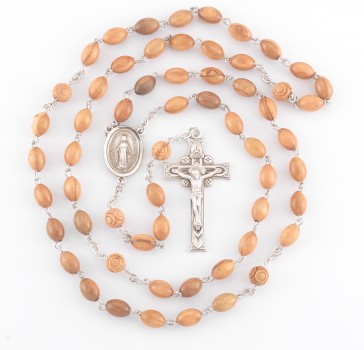 Oval Natural Wood Cocoa Bead Sterling Silver Rosary 