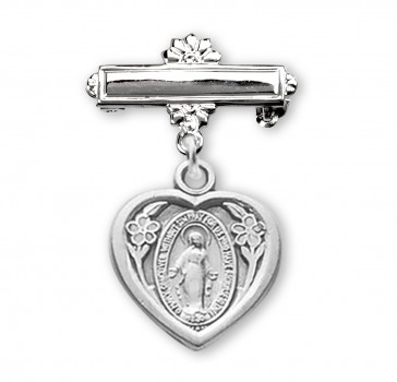 Sterling Silver Small Miraculous Heart Medal w/Bar Pin-Bxd