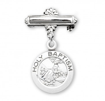 Sterling Silver Rd Holy Baptism Medal w/Bar Pin-Bxd
