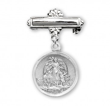 Sterling Silver Baby Guardian Angel Medal on a Bar Pin