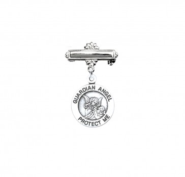 Guardian Angel Round Sterling Silver Medal on a Bar Pin