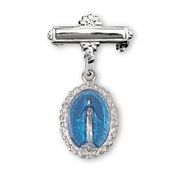 Blue Enameled Oval Fancy Edge Sterling Silver Baby Miraculous Baby Medal on a Bar Pin
