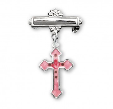 Sterling Silver Small Pink Enameled Cross w/Bar Pin-Bxd