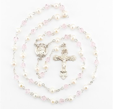 Freshwater Pearl and Pink Bicone Bead Rosary