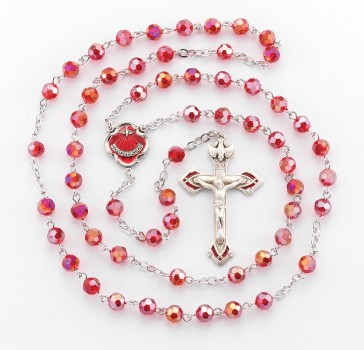 6mm Red Crystal Bead Confirmation Rosary w/Sterling Slver Red Enameled Ctr & Cfx-(381RD/163RD)-Bxd - LIMITED AVAILABLITIY