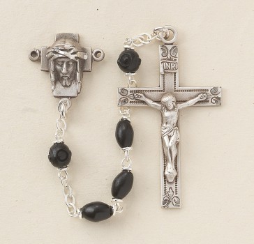 Black Oval Cocoa Rosary w/Sterling Silver Ctr & Cfx-(221/3863)-Bxd