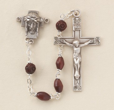 Maroon Oval Cocoa Rosary w/Sterling Silver Ctr & Cfx-(221/3863)-Bxd