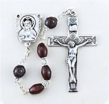 5mm Maroon Carved Cocoa Rosary w/Sterling Silver Ctr & Cfx-(24/172)-Bxd