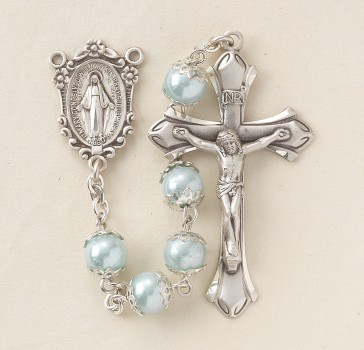 Light Blue Imitation Pearl Double Capped Rosary 