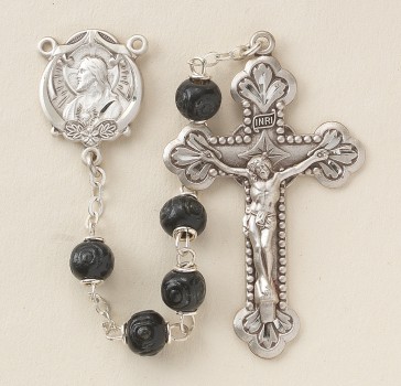 6mm Carved Round Black Boxwood Rosary w/ Sterling Silver Ctr & Cfx-(83/185)-Bxd