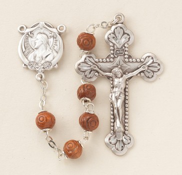 6mm Carved Round Brown Boxwood Rosary w/ Sterling Silver Ctr & Cfx-(83/185)-Bxd 5862 cp naturale