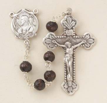 6mm Carved Round Maroon Boxwood Rosary w/ Sterling Silver Ctr & Cfx-(83/185)-Bxd