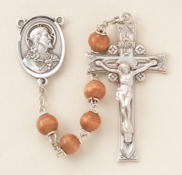 6mm Brown Round Wood Rosary w/Sterling Silver Ctr & Cfx-(20/103)-Bxd