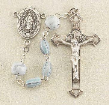 Oval Aqua Swirl Rosary w/Round O.F. Beads w/Sterling Silver Ctr & Cfx-(130/32)-Bxd