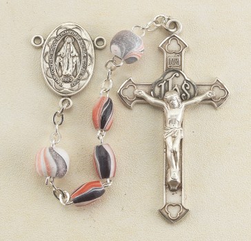 Oval Pink Swirl Rosary w/Round O.F. Beads w/Sterling Silver Ctr & Cfx-(130/32)-Bxd