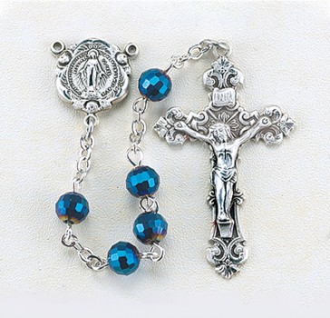 6mm Metallic Blue Multi-Faceted Tin Cut Crystal Rosary w/Sterling Silver Ctr & Cfx-(208/153)-Bxd
