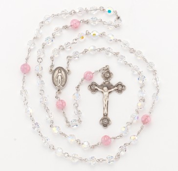 7mm Finest Czech Crystal (AB) Rosary w/8mm Pink Glass Flower O.F. Beads, w/Sterling Silver Ctr & Cfx-(80/161)-Bxd