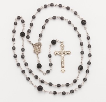 6mm Round Graphite Rosary with 8mm Striped Agate Bead O.F. Beads, w/Sterling Silver Ctr & Cfx-(313/130)-Bxd