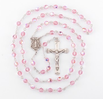 6mm Finest Crystal Light Rose Rosary w/Sterling Silver Ctr & Cfx-(73/145)-Bxd