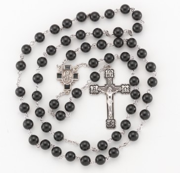 7mm Finest Jet Black Rosary w/Sterling Silver Ctr & Cfx-(45BK/104E)-Bxd