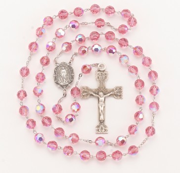 8mm Pink Finest (AB) Rosary w/Sterling Silver Ctr & Cfx-(95/186)-Bxd