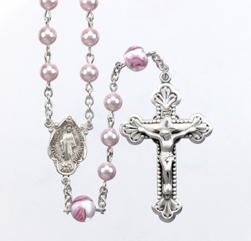 6mm Finest Pink Pearl Rosary w/Venetian Glass Rose O.F. Beads, w/Sterling Silver Ctr & Cfx-(96/185)-Bxd