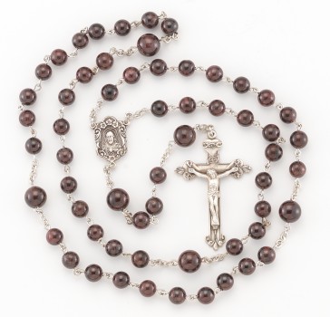 6mm Rd Garnet Bead Rosary with 8mm Rd Garnet O. F. Beads, with Sterling Silver Str & Cfx-(02/120)-Bxd