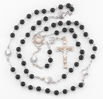 6mm Genuine Onyx Bead RCIA  Rosary w/Sterling Silver Ctr & Cfx-(381/3855) and Pewter Shells(1395)-Bxd