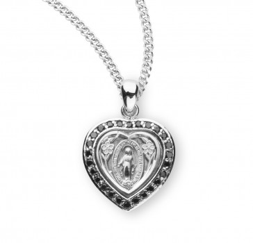 Sterling Silver Heart Shaped Miraculous Jet Cubic Zirconia CZ Pendant w/18" Ch-Bxd