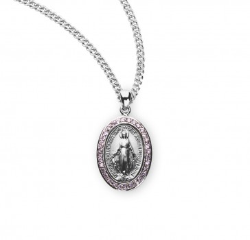 Sterling Silver Pink Cubic Zirconia Miraculous Medal 