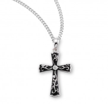 Black Enameled Sterling Silver Cross with Crystal Zircons